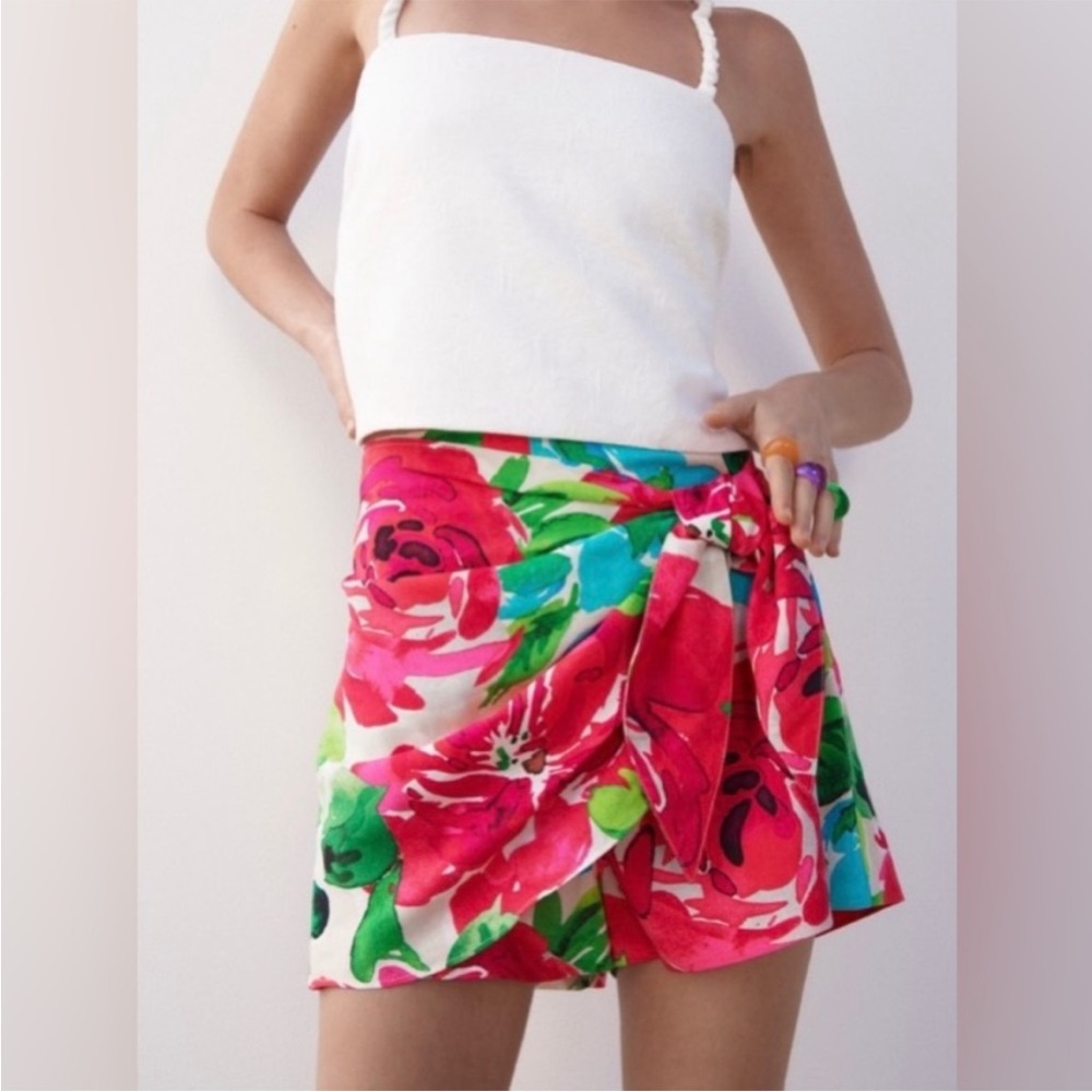 ZARA Floral Print Linen Viscose Tie Knot Skort Shorts XS